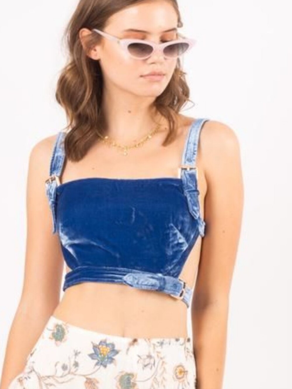 For Love And Limons Velvet Blue Cropped Tank Top with Adjustable Straps
